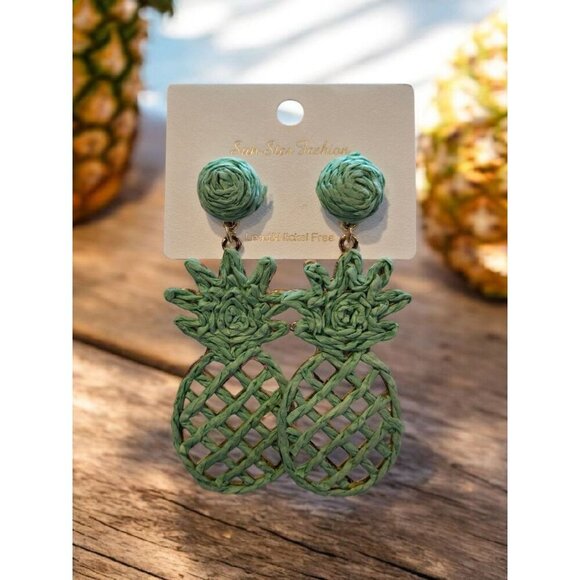 New Green Rope Boho Chic Pineapple Drop Earrings Summertime Fashion Jewelry - Picture 1 of 2